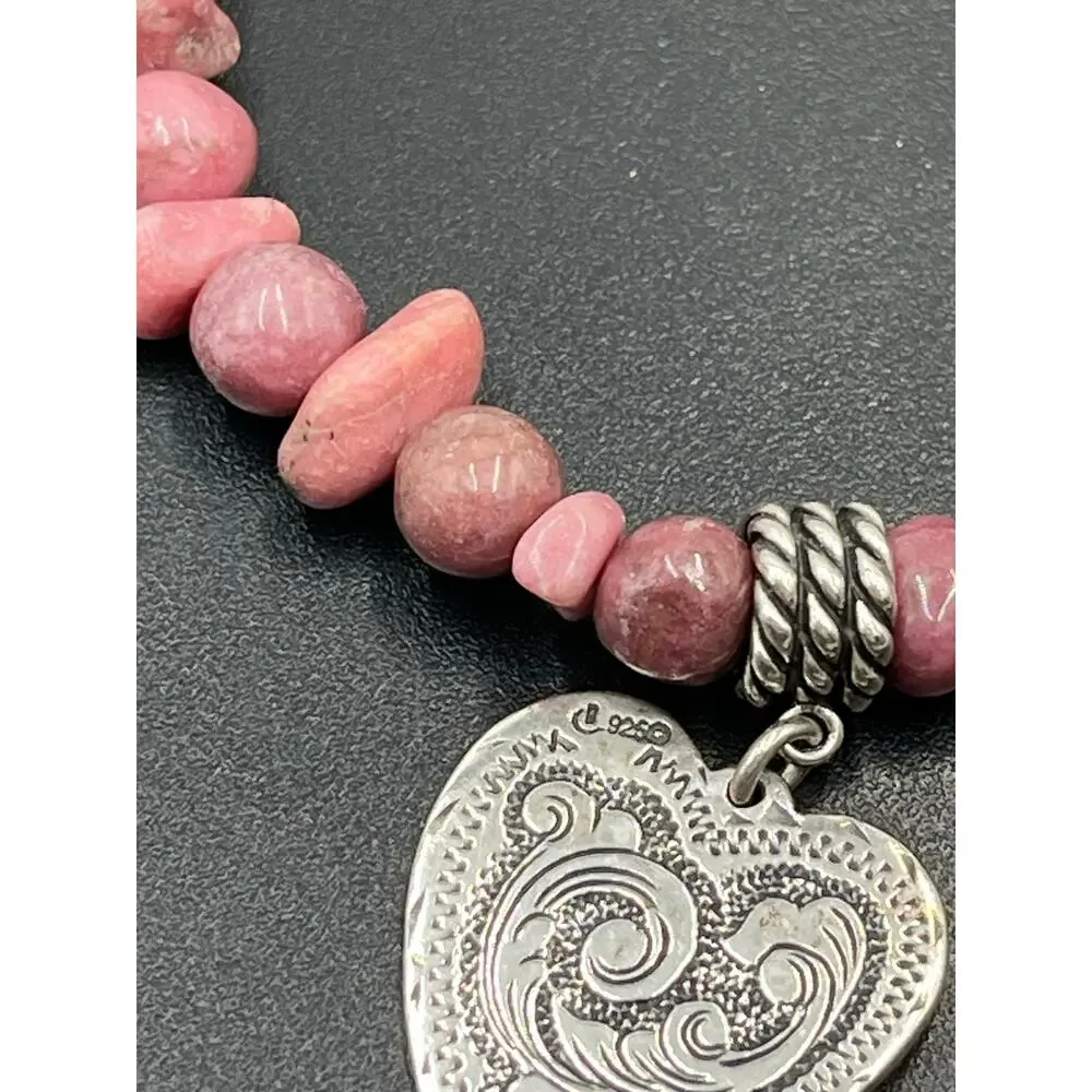 Relios Carolyn Pollack Sterling Heart Charm Rhodonite Pink Bead Stretch Bracelet